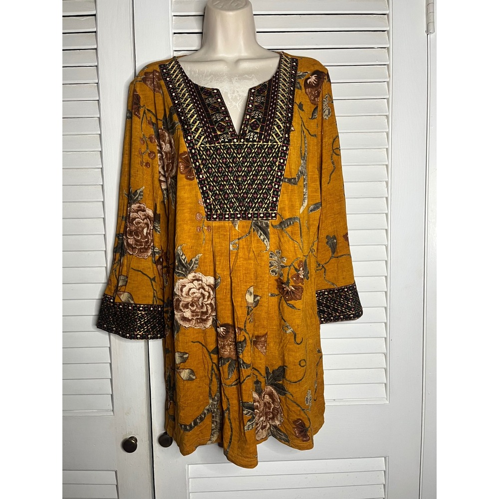 Soft Surroundings Mustard Floral Embroidered Tunic Top Womens Large 2BM75